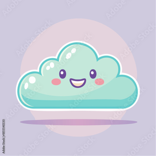 Cute cartoon cloud with a happy face, rosy cheeks, and a light blue color, floating above a purple background.