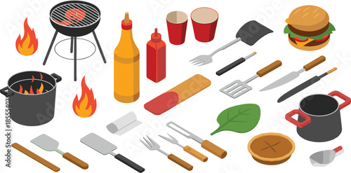 Isometric barbecue grill illustration with outdoor BBQ equipment, burgers, sausages, grilling tools, summer cookout, picnic, camping, food, icons, kitchen, set
