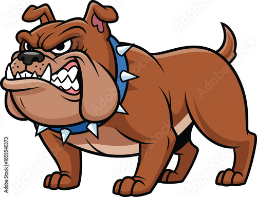 Cartoon bulldog with fierce expression, muscular dog stance, spiked collar, aggressive mascot, strong animal character, intimidation - flat vector illustration