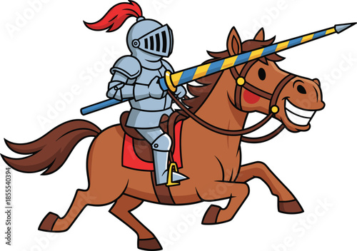 Cartoon knight riding horse with lance, smiling medieval character, red plume helmet, humorous jousting pose - flat vector illustration