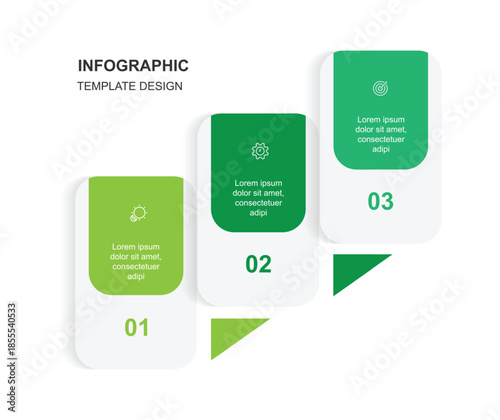 Vector template infographic 3 step process with icons and paper style. Business information graphic, presentation banner, workflow layout.