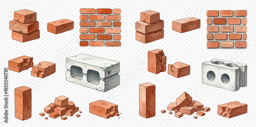Collection of watercolor illustrations featuring various red bricks and concrete blocks for construction projects.