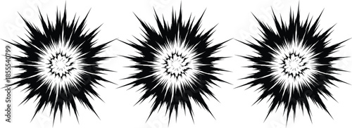 Set of three black starburst explosion shapes for comic book effects, flash sale stickers, and energetic graphic design.