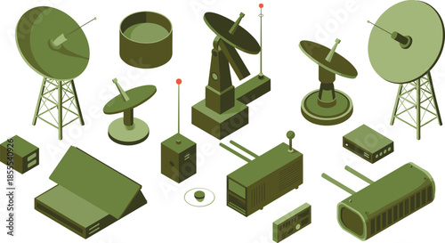 Isometric military radar communication system illustration with satellite dishes, antennas, signal towers, defense technology, surveillance equipment, army electronics, network concept