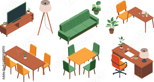 Isometric modern home furniture illustration set with living room, dining area, office desk, sofa, plants, interior decor, 3D style