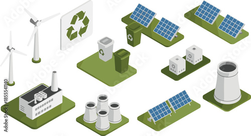 Isometric renewable energy illustration set with solar panels, wind turbines, power plants, recycling, green technology, sustainable electricity, eco energy concepts