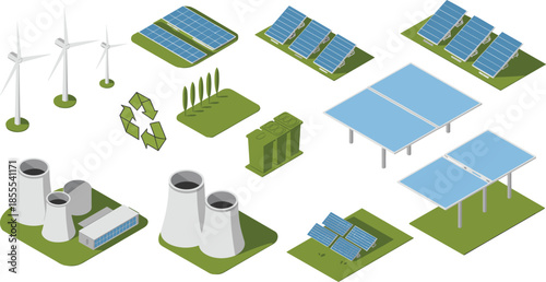 Isometric renewable energy illustration set with solar panels, wind turbines, power plants, recycling, green technology, sustainable electricity, eco energy concepts