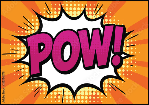Vibrant pink comic book pow speech bubble with orange halftone sunburst background and dynamic action elements for pop art.