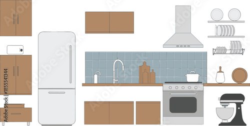 Modern kitchen interior illustration with cabinets, refrigerator, stove, sink, cookware, appliances, shelves, minimal flat design, cozy home kitchen