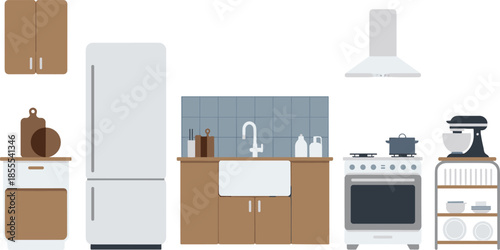 Modern kitchen interior illustration with cabinets, refrigerator, stove, sink, cookware, appliances, shelves, minimal flat design, cozy home kitchen