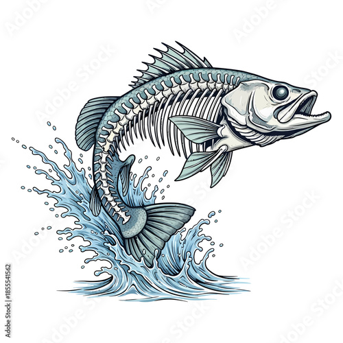 Walleye fish skeleton jumping out of water with blue splash illustration