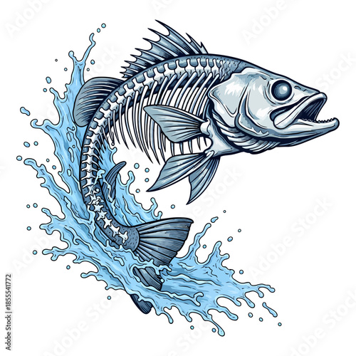 Walleye fish skeleton jumping out of water with blue splash illustration