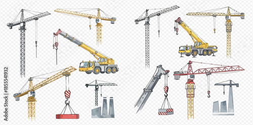 Set of various construction cranes, including tower cranes and mobile cranes, for building and industrial projects.