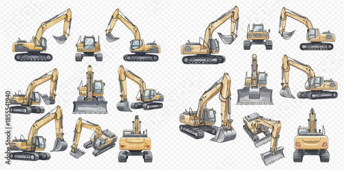 Set of construction excavators in various angles and perspectives, isolated on transparent background.