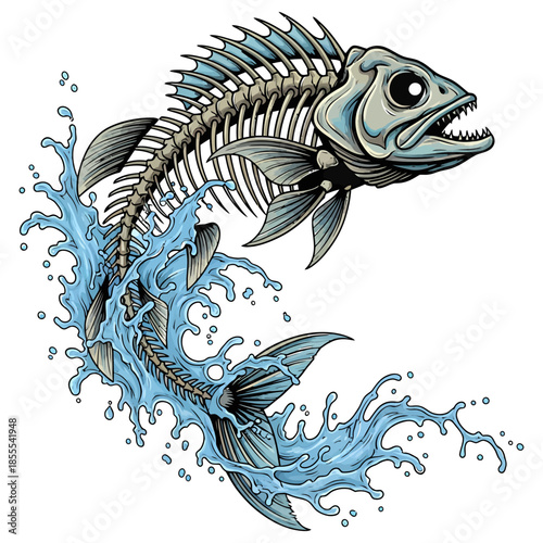 Skeleton fish jumping out of blue water splash vector illustration on white background