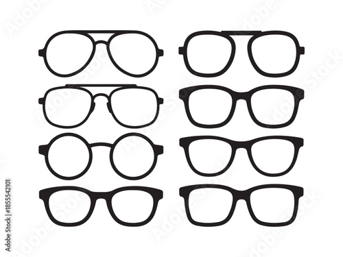 Eight Different Styles of Black Eyeglasses on White Background spectacles eyewear