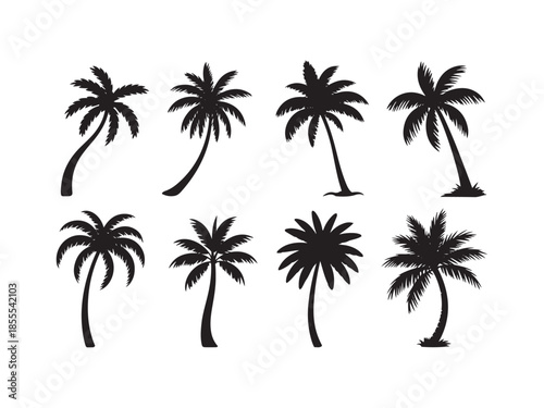 Eight Black Silhouette Palm Trees on White Background