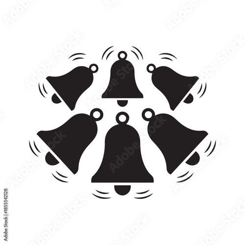 Six black bells ringing with sound waves