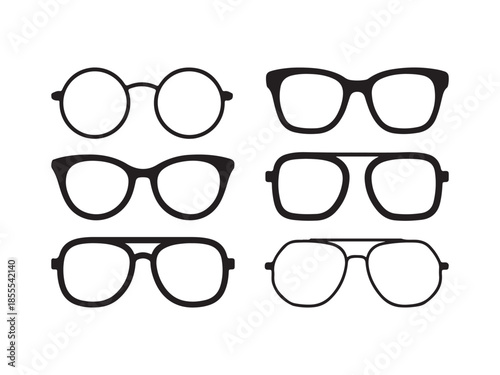 Six black eyeglass frames in various styles on white eyeglasses glasses eyewear spectacles