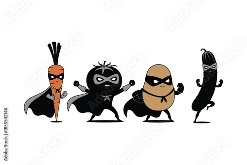 Superhero Vegetables vector Set Carrot, Tomato, Potato, and Cucumber Mascots in Capes and Masks for Healthy Eating and Nutrition Education