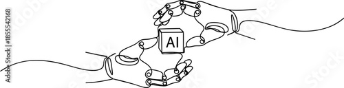 AI Technology One Line Drawing Hand Holding AI Cube Illustration