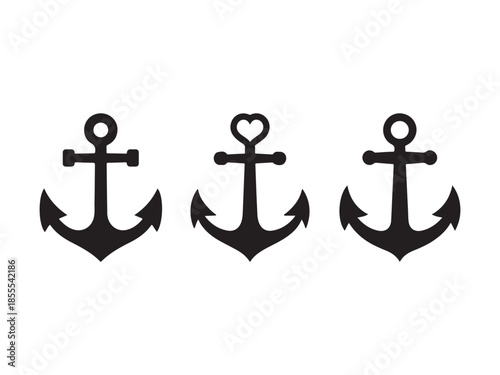 Three Black Anchor Symbols One With Heart Shape nautical maritime