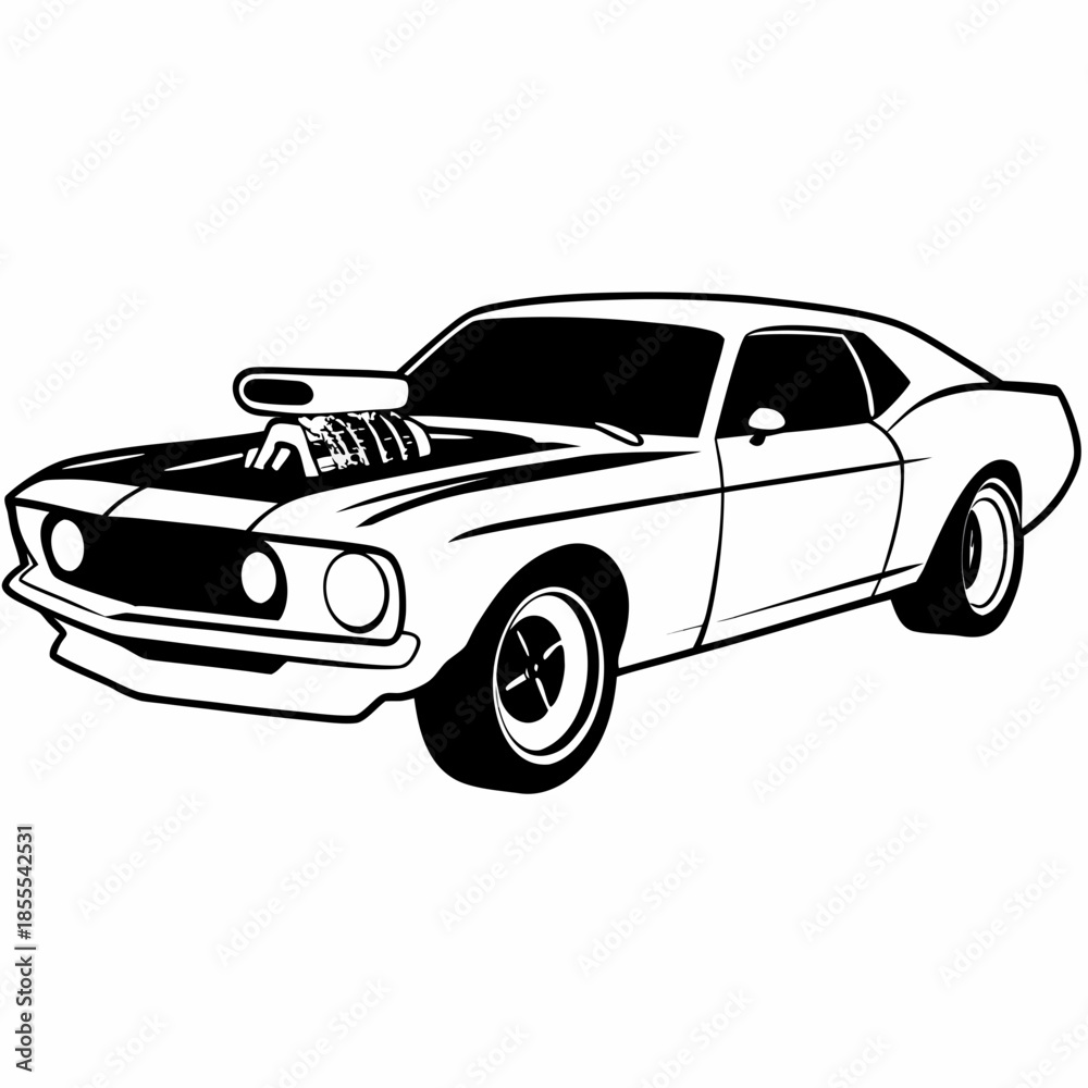 Naklejka premium Classic Muscle Car Black and White Line Art Vector Illustration