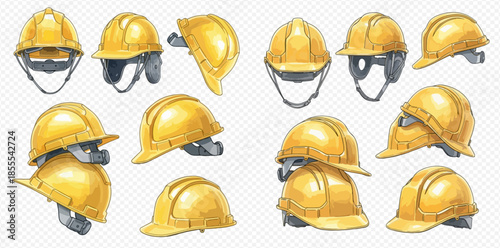 Collection of yellow construction hard hats for safety and protection at work sites.