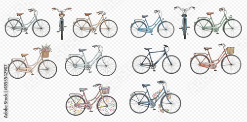 Collection of various vintage bicycles with baskets and different frame styles.