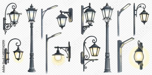 Set of various street lamps and wall lanterns with classic and modern designs.
