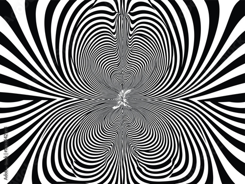 Abstract black and white optical illusion vortex with warped striped lines creating hypnotic radial swirl background for modern design