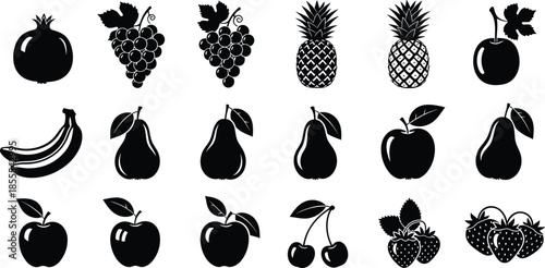 Black and white fruit silhouette icon collection with apples, pears, bananas, grapes, cherries and strawberries for vector design illustration