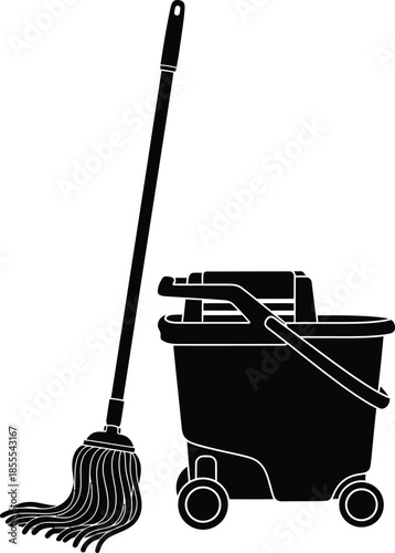black mop and bucket cleaning equipment clip art preview