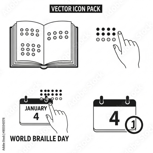 Braille icon pack representing reading learning and World Braille Day vector illustration for accessibility and education