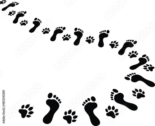 Creative spiral trail of human footprints and dog paw prints showing friendship journey path connection between people and pets silhouette