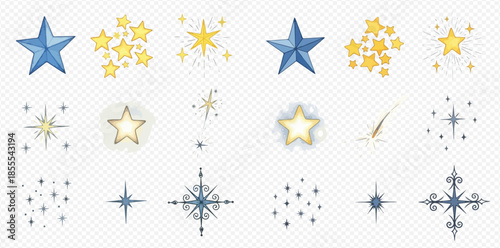 Set of various stars, sparkles, and glowing light effects for decoration.