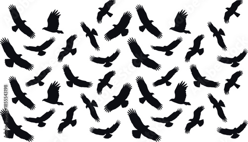 Dark flying bird silhouettes flock isolated on white background symbolizing freedom wildlife migration nature concept for creative design projects