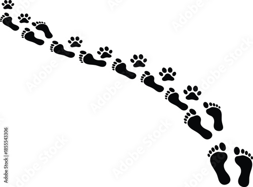 Human footprints transforming into dog paw prints in creative diagonal trail silhouette symbolizing friendship pets companionship path concept background