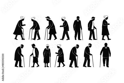 Elderly People Silhouettes Set Senior Men and Women Walking with Canes and Walking Sticks Vector Illustration