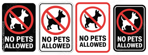 No pets allowed warning icon set, featuring prohibition symbols, animal restriction signs, safety alerts, public space notifications, vector illustration templates, and clear visual communication for 