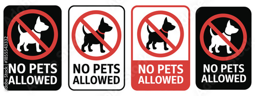 No pets allowed icons collection, showing warning symbols, prohibited animals, restricted entry signs, public area alerts, vector design elements, and safety instruction visuals for workplaces and 