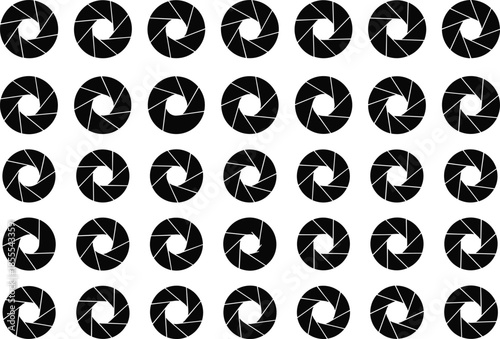 Seamless grid of black camera shutter aperture icons on white background symbolizing photography, precision, technology, creativity and visual design