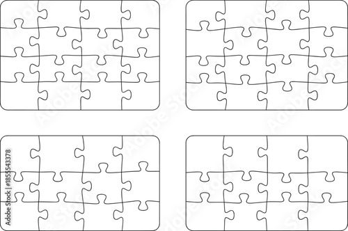 Set of four jigsaw puzzle outlines with unique interlocking patterns, ideal for design templates, games, education, and spatial activities