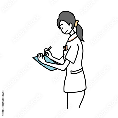 看護師がクリップボードに記録を書いて業務を行う様子のイラスト素材｜医療現場での記録管理や看護業務をイメージしたシンプルな人物表現