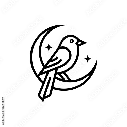 Minimalist vector illustration featuring a bird calmly perched on a crescent moon, surrounded by small stars.