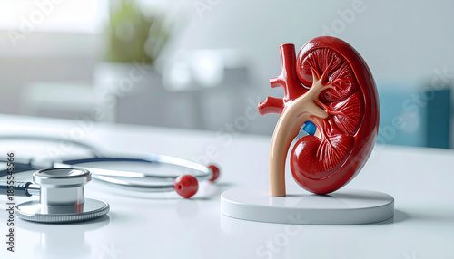 Anatomical Kidney Model With Stethoscope On White Table In Medical Studio.