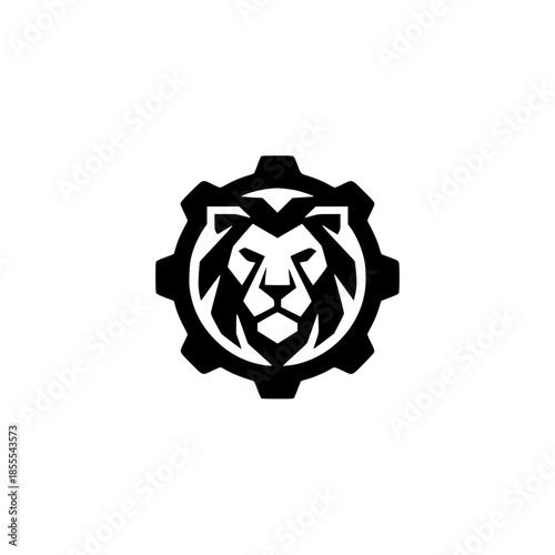 Lion head in gear machine logo