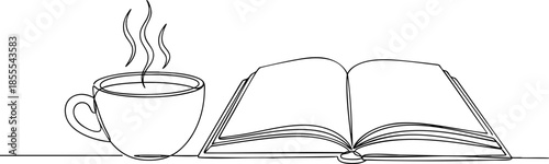 Continuous Line Art of Hot Coffee Cup and Open Book Reading Concept