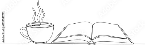 Continuous Line Art of Hot Coffee Cup and Open Book Reading Concept
