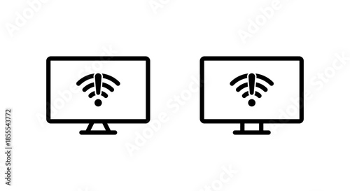 Computer monitor wifi warning icon. Internet connection error and network problem symbol